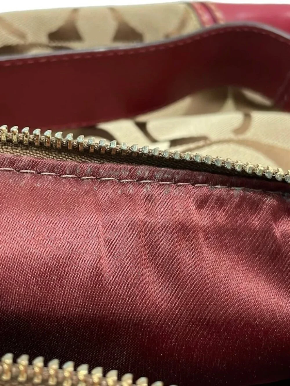 COACH Hampton Stripe Medium Duffle Shoulder Bag 10542 Dark Brown Beige Bordeaux